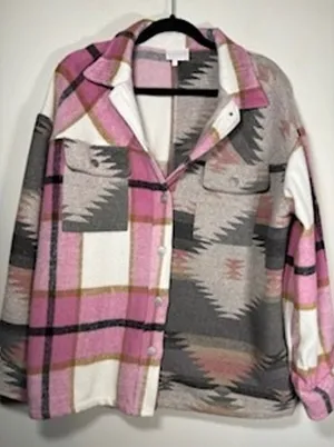 Entro Shacket Pink Aztec Plaid Colorblock Button Front Southwestern Boho Large thumbnail 1