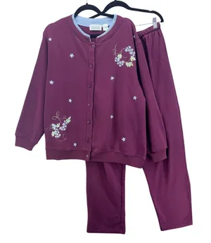 Vintage Embroidered Jog Set Size 1X Straight Leg Wine Cottagecore Fall Cozy Warm thumbnail 1