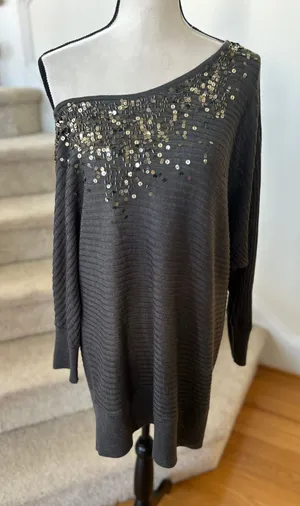 Vintage Y2K Cache Off the Shoulder Grey Sequin Long Line Sweater Mini Dress thumbnail 1