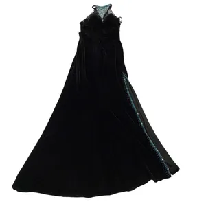 Vintage Black Velvet Evening Gown with Beaded High Neck and Mesh Detailing thumbnail 7
