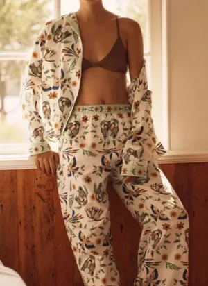 Anthro LyreBird Cotton Flannel Pajama Set Floral Animal Print Cottage Sleep XS thumbnail 1
