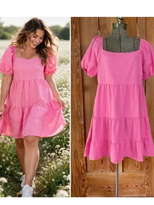 Luukse Bright Pink Tiered Babydoll Dress Puff Sleeve Cottagecore XL💛 thumbnail 2
