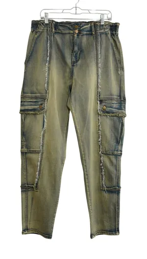 Oli‎ & Hali Yellow Wash Distressed Cargo Jeans XL Fringed Raw Edge Utility Pants thumbnail 1