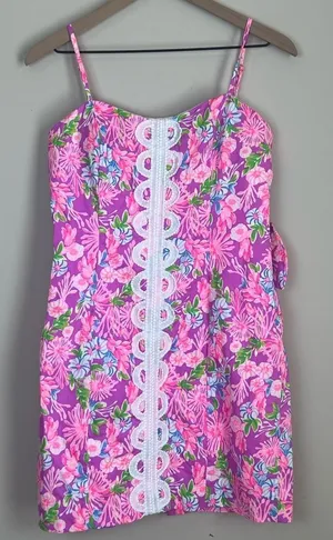 Lilly Pulitzer Shelli Stretch Midi Dress Amethyst Embroidered Pink Size 6 thumbnail 1