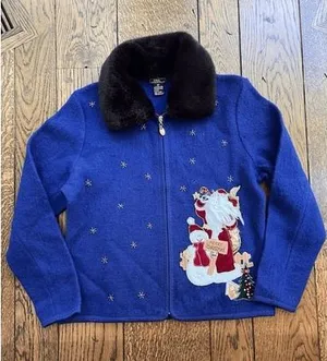 Lisa International Women's M Blue Boiled Wool Zip Jacket w/ Santa Ugly Sweater thumbnail 1