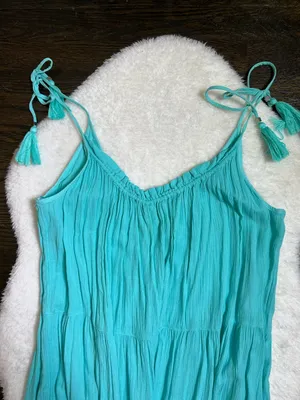 M&S Collection Turquoise Blue Crinkle Sundress Tassel Ties Size 16 thumbnail 3