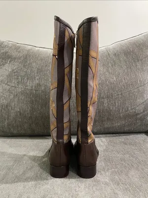 Tory Burch FELIX Riding Boots Brown Leather Equestrian Print Fabric Zip Size 5 thumbnail 7