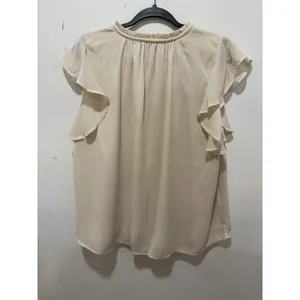 Abercrombie & Fitch Cream Ruffle Neck Flutter Sleeve Blouse Top Large Beige Boho thumbnail 3