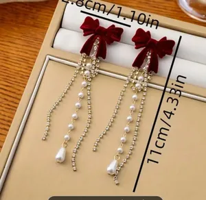 Elegant Retro Bow & Tassel Drop Earrings Red thumbnail 3