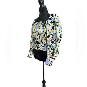 Free People Smocked Floral Puff Sleeve Top‎ XS – Square Neck Black Multicolor thumbnail 10