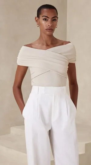 Banana Republic Womens Ribbed Wrap Top‎ Transition Cream XL NWT thumbnail 1