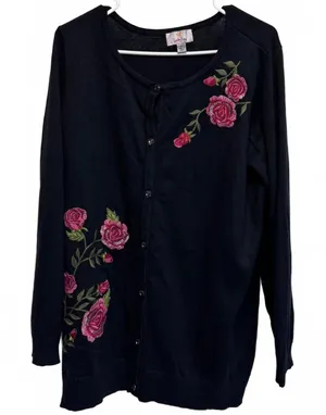Quacker Factory Vintage Black Rose Sequin Embroidery Cardigan Plus Size 1X thumbnail 1