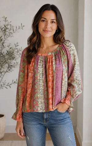 Gibson Latimer Floral Patchwork Boho Blouse XL Long Sleeve Smocked‎ Neck Artsy thumbnail 1