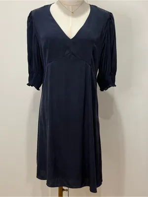 Quince Washable Stretch Silk Puff Sleeve Mini Dress Medium Navy Minimal Fall thumbnail 7