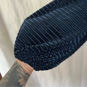 Lulu’s Ticket to chic Navy Blue Striped Velvet Balloon Sleeve dress Size small thumbnail 7