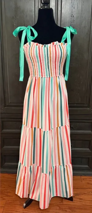 Shein Rainbow colorful Candies Stripe Cami Maxi Dress w-Green Ribbon straps -Small. Super cute, gently warn and excellent condition. Measurements approximately 13” from armpit to armpit x 46.5”” long. Non-smoking home. Priced to sell at as is condition. Don’t like my price, make reasonable offer! thumbnail 1