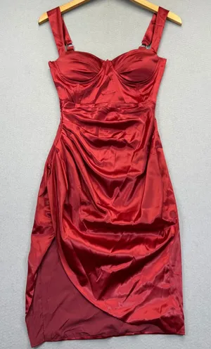 Heiress Beverly Hills Red Satin Ruched Bustier Midi Dress XS Bodycon Glam thumbnail 1