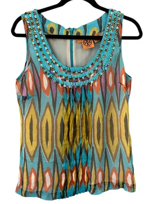 Tory Burch Embellished‎ Beaded Silk Tribal Print Sleeveless Top Blouse Size 6 thumbnail 1