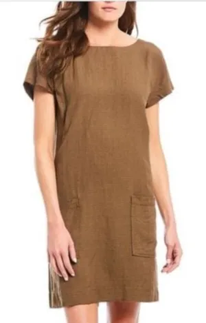 Eileen Fisher Brown Linen Blend Short Sleeve Pocket Shift Dress Sz S thumbnail 1