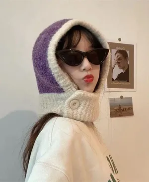 NWOT Purple Beige Button Balaclava Winter Knit Hoodie Hood Hat thumbnail 2