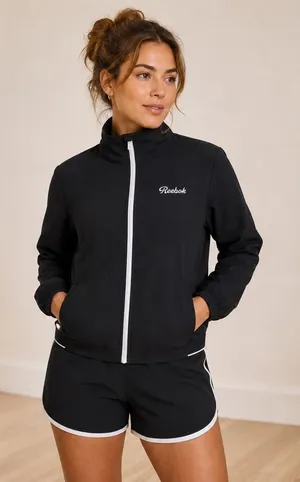 Reebok Womens Black Full Zip Track Jacket‎ Mock Neck Script Logo Size XS NEW thumbnail 1