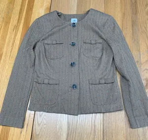 Cabi Brown Herringbone Confetti‎ Blazer Jacket Womens Small Collarless Button thumbnail 1