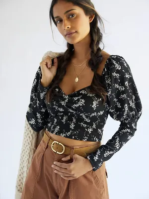 Anthropologie Sweetheart Floral Long Sleeve Crop Stretchy Feminine Blouse Top thumbnail 1