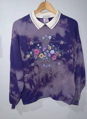Vintage 80s 90s Morning Sun Collared Crewneck Flower Tie Dye Granny Sweatshirt L thumbnail 1