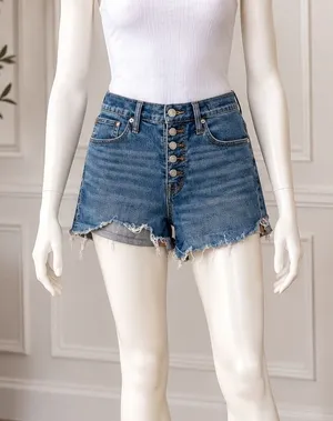 Madewell Womens Denim Shorts High Rise Button Fly Raw Hem Blue Size 25 thumbnail 1