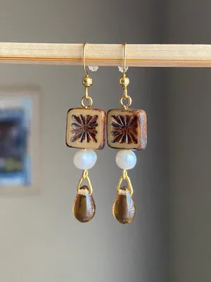 Handmade quality Czech glass beads & natural freshwater pearl chic fairy boho vintage retro style dangle earrings🌿✨ thumbnail 3