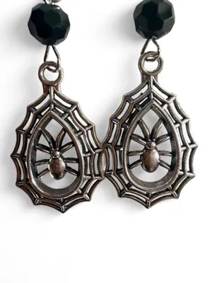 Handmade Silver Spiderweb Spider Black Bead Earrings thumbnail 2