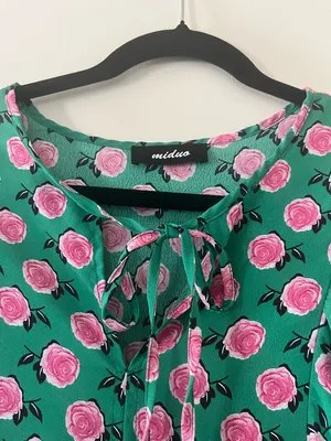 Rose Print Green Midi Dress Medium Novelty Print Statement Piece Cottagecore thumbnail 2