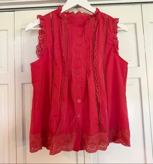 Boutique pink eyelet ruffled trim button front blouse small thumbnail 2