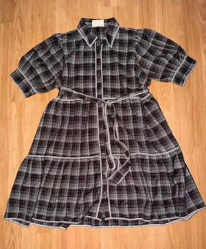 Dress Up Womens Plaid Tiered Button Front Dress Puff Sleeve Grey Burgundy Small thumbnail 1