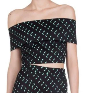 NWT Elliatt Black Teal Printed Forced Off-The-Shoulder Crop Top Women's Size XS thumbnail 1