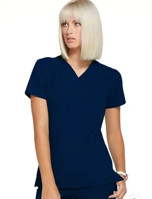 Elle NWT La Vie Est Belle Mock Wrap Navy Scrub Top with 4 pockets size S thumbnail 1