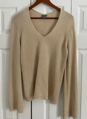 Ann‎ Taylor Women Large Knit Sweater Gold Shimmer Holiday New Year Party thumbnail 1