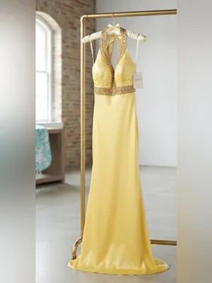Yellow Halter Prom Gown with Beaded Waist thumbnail 3