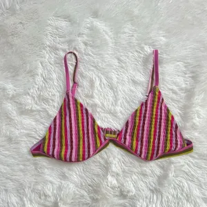 NEW Aerie Retro Striped Seersucker Triangle Bikini Top Pink Multi Textured XL thumbnail 5