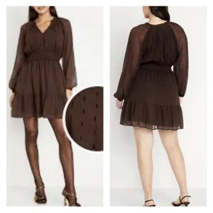 Old Navy Brown Metallic Dot Mini Dress XL Smocked Waist Chiffon Fit Flare 812952 thumbnail 3