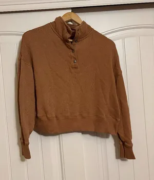 American Eagle Crop Henley Top Small Brown Textured Cotton Long Sleeve Snaps thumbnail 1