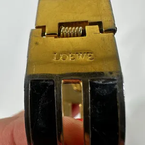 Loewe Gold Tone Black Leather Hinged Bangle Cuff Bracelet 7in Logo Designer thumbnail 7
