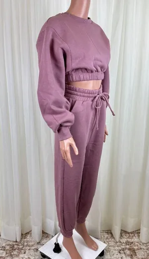 Zenana 2 Pcs Crop Sweatshirt Tracksuit Jogger Pants Set Outfit Active Loungewear Dusty Rose Pink Size Large thumbnail 6