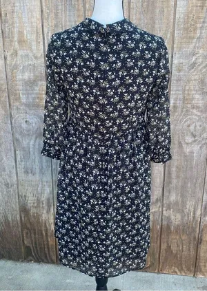 Uniqlo Baby Doll 3/4 Sleeve Dress Black Ditsy Floral Peter Pan Collar Size M thumbnail 3