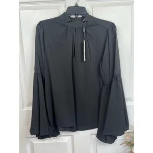T Tahari Blouse Womens Size M Black Mock Neck Keyhole Large Bell Sleeve Chic thumbnail 2