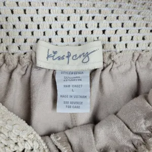 Kiss & Cry Linen Blend Pants Beige Crochet Elastic Waist Size L Large thumbnail 7