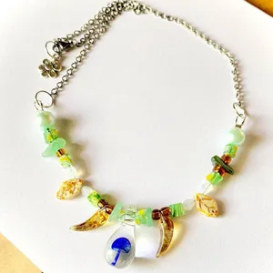 Handmade unique fairy nature boho vintage style quality Czech glass beads mix mushroom pendant necklace💚🍄🐞 thumbnail 4