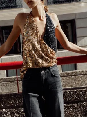 ZARA Gold and Black Sequin Halter Top Size Small Glam Festival Metallic thumbnail 3