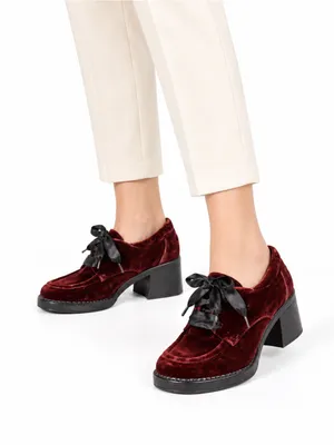 ellemenno Velvet Block Heel Lace-Up Shoes - Burgundy thumbnail 1