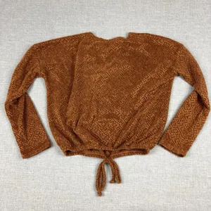Free Kisses Sweater Womens Small Brown V Neck Drawstring Hem Knit Pullover thumbnail 6